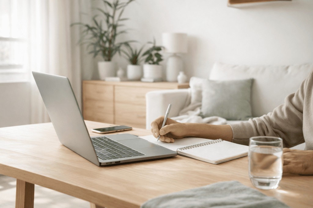 a person taking notes in a notebook from a laptop