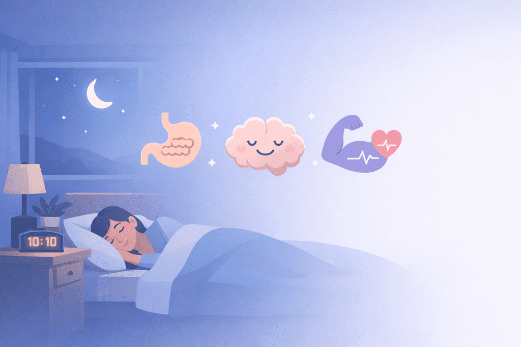 Sleep and Gut Health ilustration of a gut, a brain and a health arm with a pulsing heart. And a women sleeping well and early.