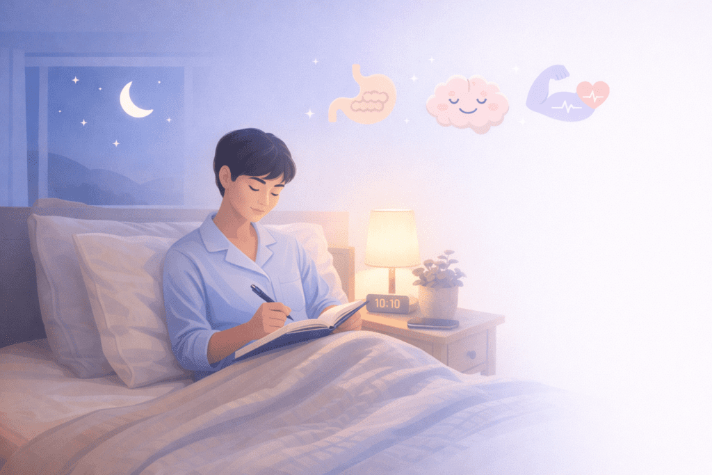 ing notes in the bed, with a moon in the sky via window.